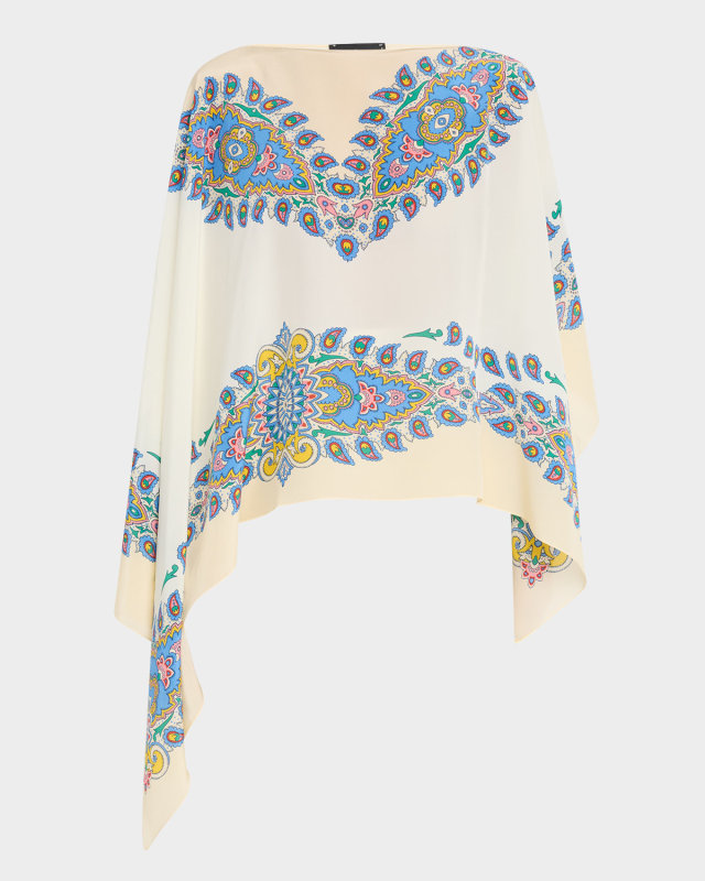 Paisley-Print Silk Asymmetric Poncho